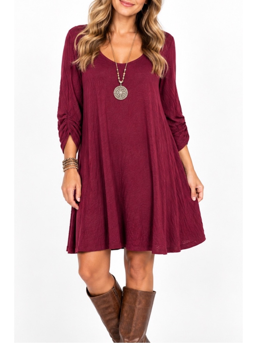 Vanity Burgundy Long Sleeve A-Line Dress – Relaxed Fit, XL